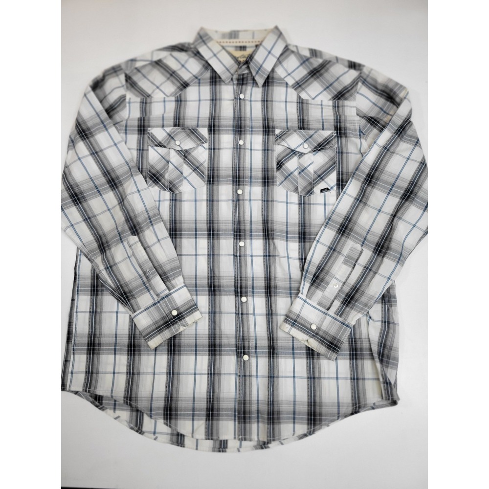 Coastal XXL Plaid Pearl Snap‎ Western Shirt Gray White Blue Cotton Blend Casual